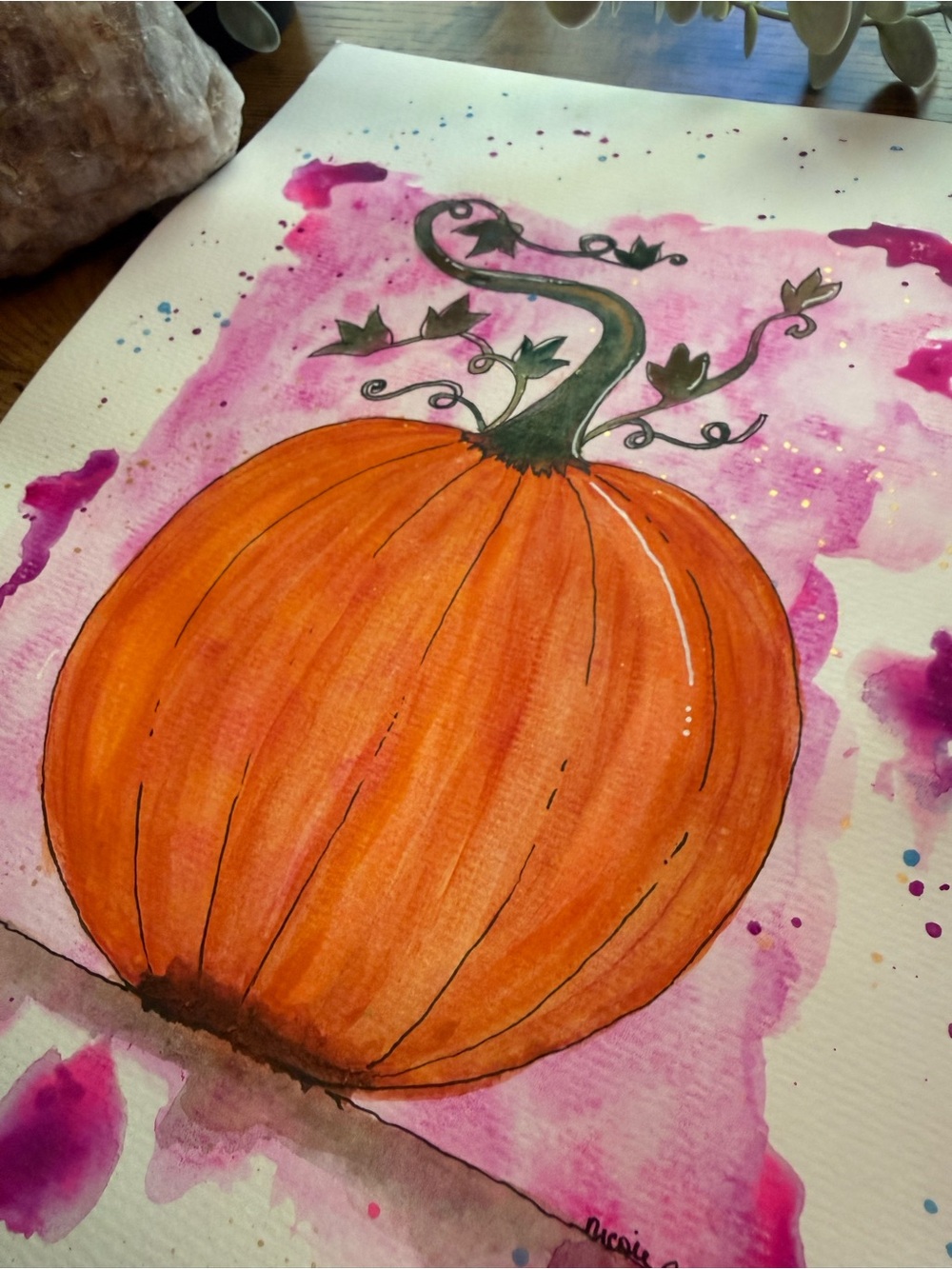 Pink Spell Original Pumpkin Watercolor Painting 9x12 - Picture 2 of 4